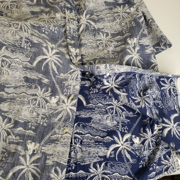 Vintage Big Dogs Reverse Print Hawaiian Shirt Large Cotton Blue White Palms 50" - Picture 5 of 9